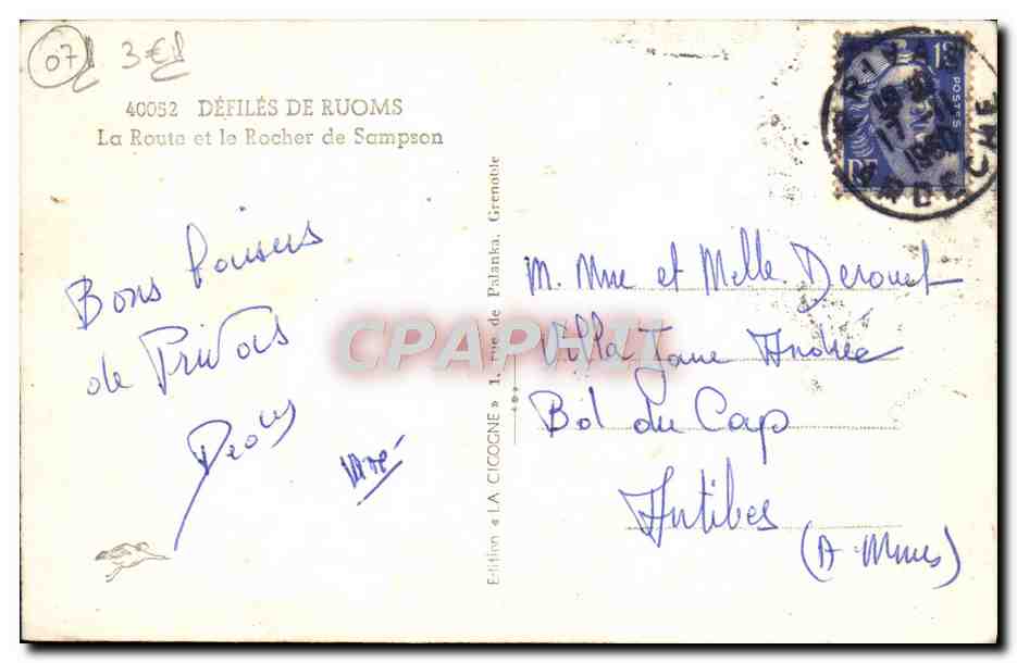 CPA Defile De Ruoms La route et le rocher de Sampson — Rückseite