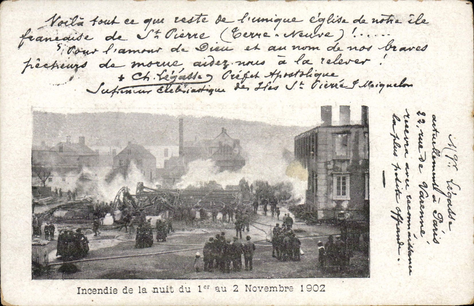 Tarjeta postal antigua Sapeurs Pompiers San Pedro Terre Neuve Incendio de la noche del 1° al 2 noviembre 1902