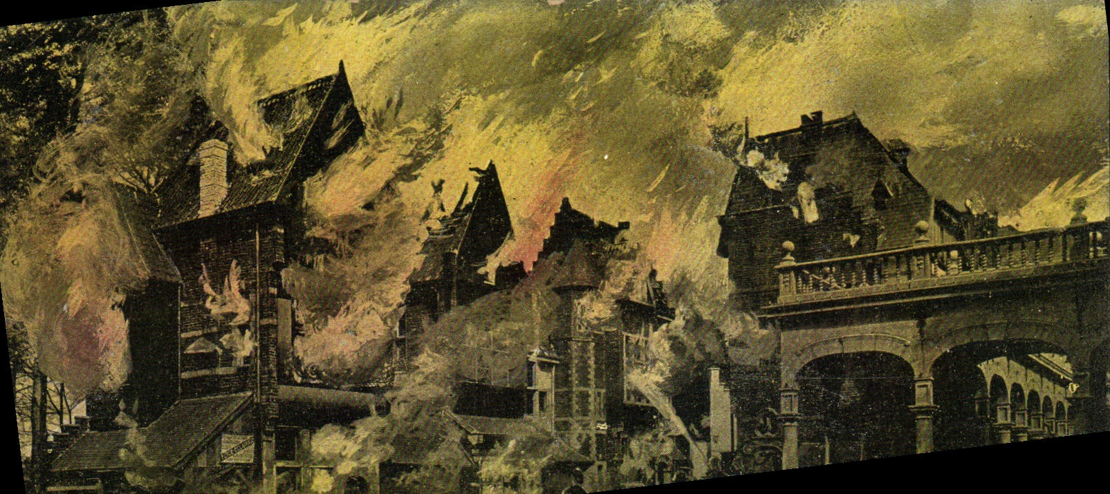 Incendie de bâtiments — Exposition Universelle de Bruxelles 1910 — Carte postale officielle série Valentine