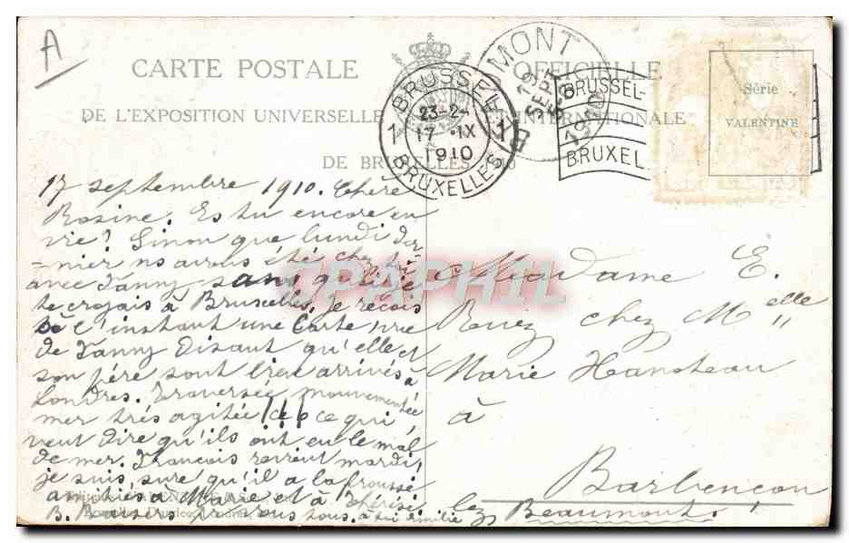 Incendie de bâtiments — Exposition Universelle de Bruxelles 1910 — Carte postale officielle série Valentine — Reverso