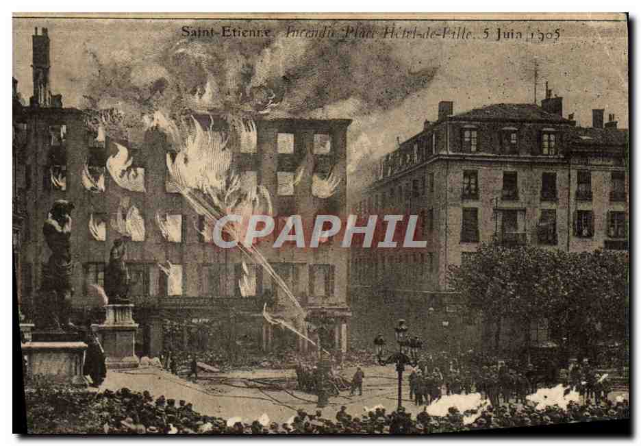 Saint-Étienne — Incendio en la Plaza del Ayuntamiento, 5 de junio de 1905 — editor no identificado