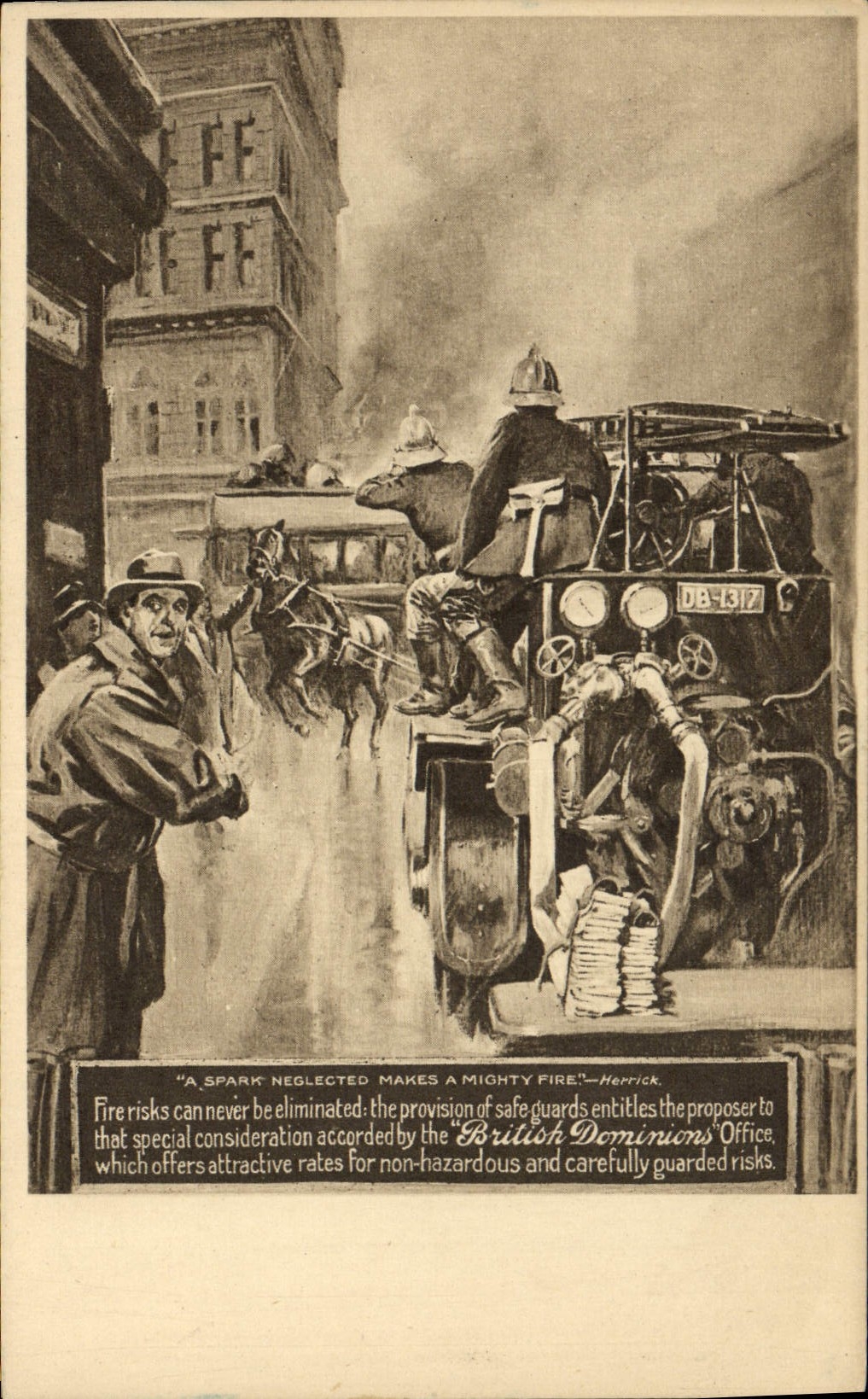 Incendie urbain — publicité pour l'Office des Dominions Britanniques — éditeur British Dominions Insurance Co. Ltd. - Anverso