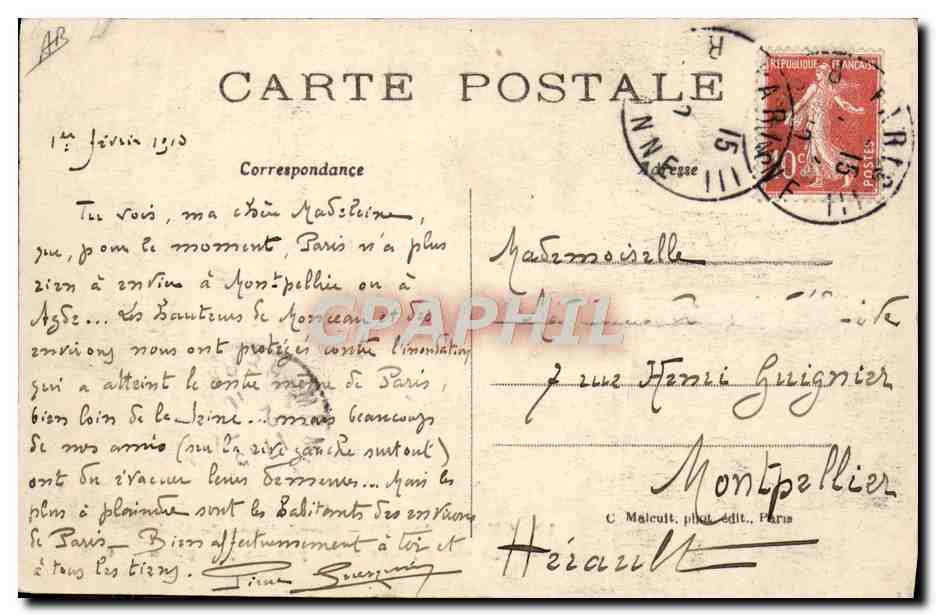 Choisy-le-Roi — Inundaciones de 1910 — Salvamento de una joven madre por parte de los bomberos — C. M. — Reverso