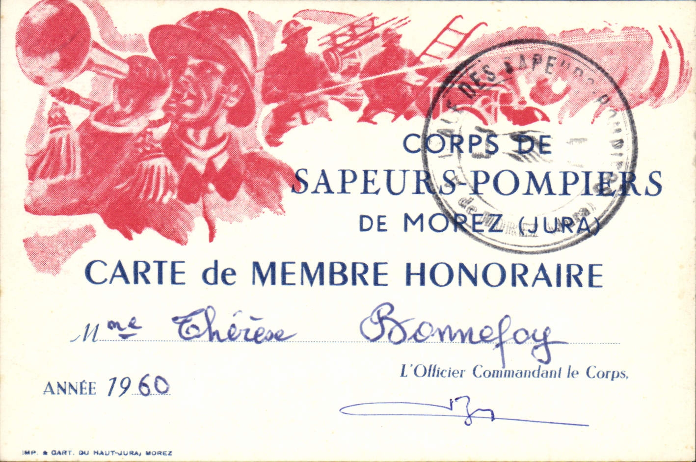 Carte de membre honoraire Sapeurs Pompiers de Morez Therese Bonnefoy 1960