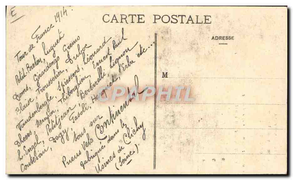Cycliste en action — Tour de France 1914 — Édité par l'Équipe Automoto Pneu Continental — Verso