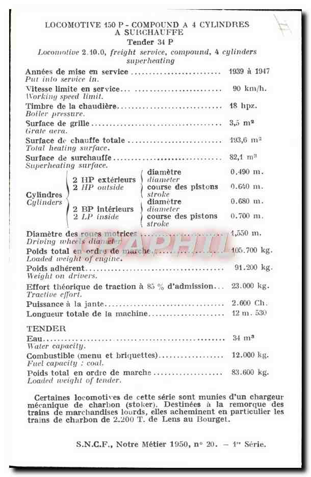 CPM Train Locomotive 150 P Compound a 4 cylindres a surchauffe — Rückseite