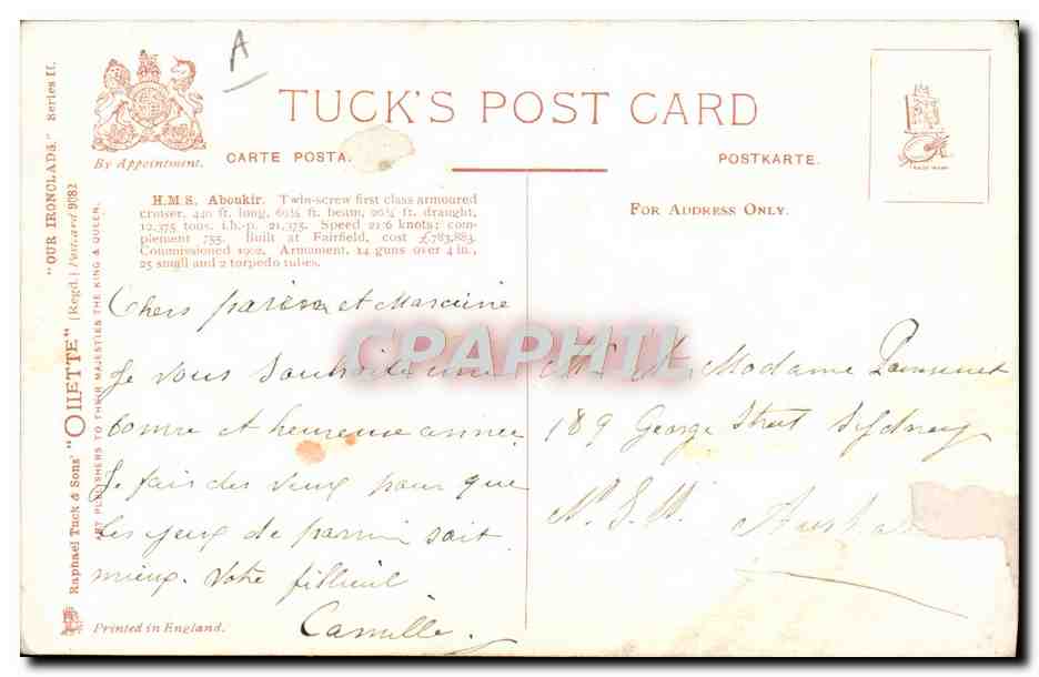 CPA Bateau HMS Aboukir — Verso