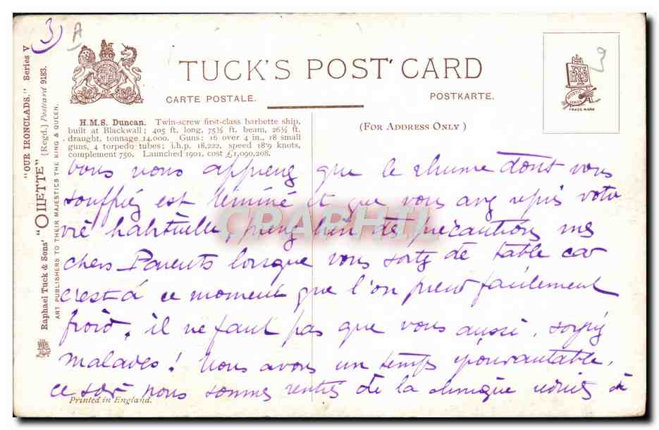 H.M.S. DUNCAN — Bateau de guerre britannique — Tuck's Post Card, série V — Verso