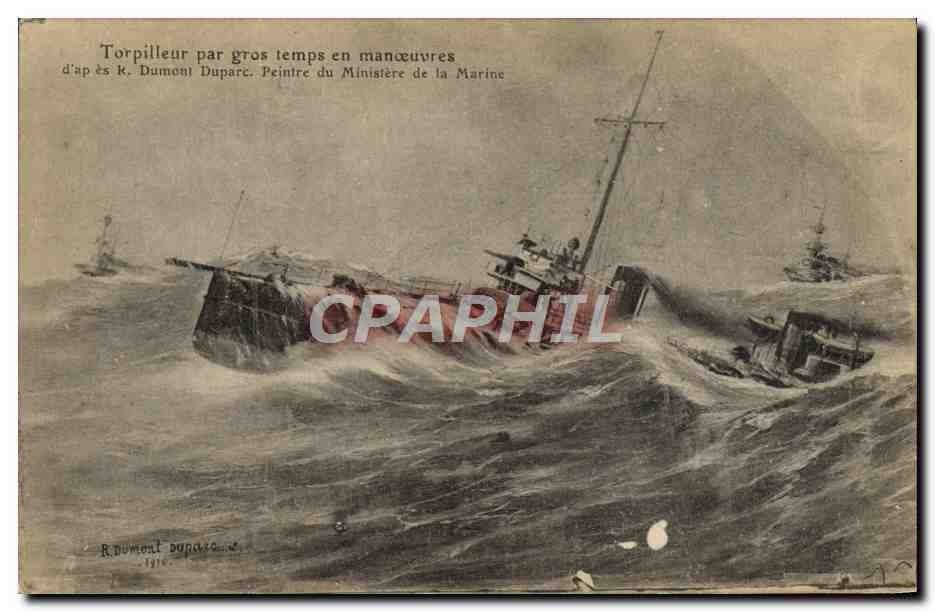 Torpilleur par gros temps en manœuvres — d'après R. Dumont Duparc, Peintre du Ministère de la Marine — 1914