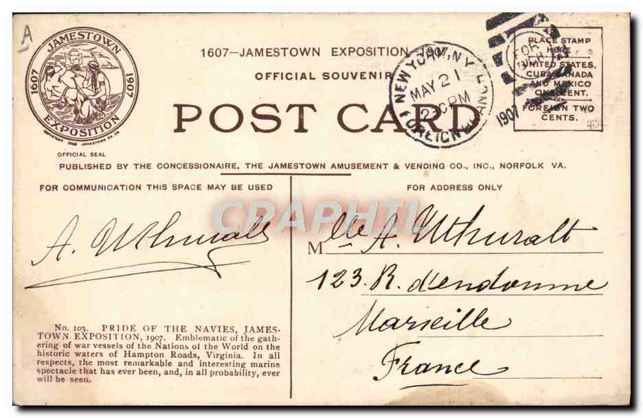 Pride of the Navies — Jamestown Exposition, 1907 — American Colortype Co. — Verso