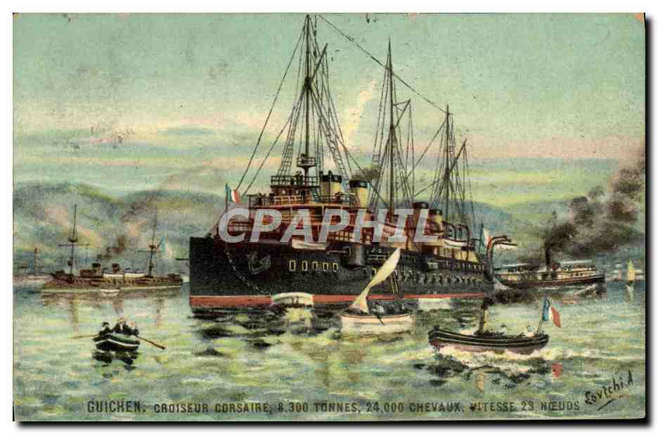 Guichen, croiseur corsaire — 8.300 tonnes, 24.000 chevaux, vitesse 23 nœuds — éditeur K. F. Editeurs, Paris, série 1908