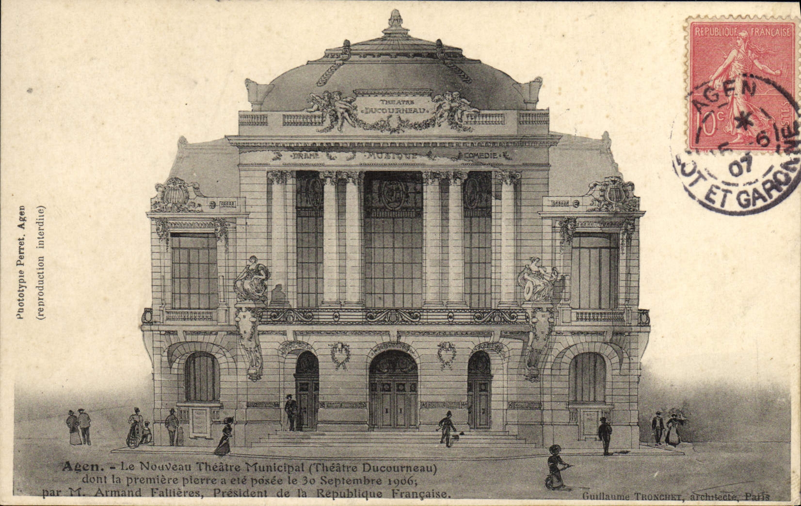 Agen - Le Nouveau Théâtre Municipal (Théâtre Ducourneau) — première pierre posée le 30 septembre 1906 — Puctotypie Perret, Agen