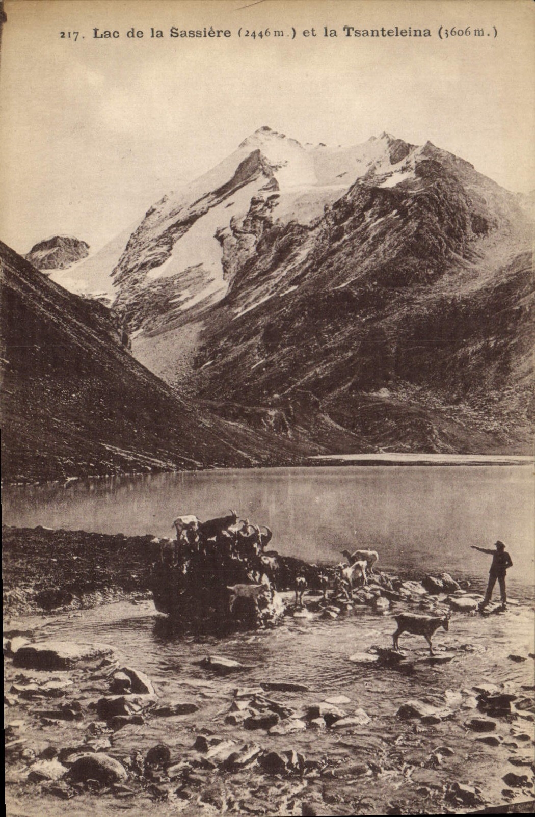 Lac de la Sassière (2446 m.) et la Tsanteleina (3606 m.) — Éditeur Béroud, Bourg-Saint-Maurice, n° 217