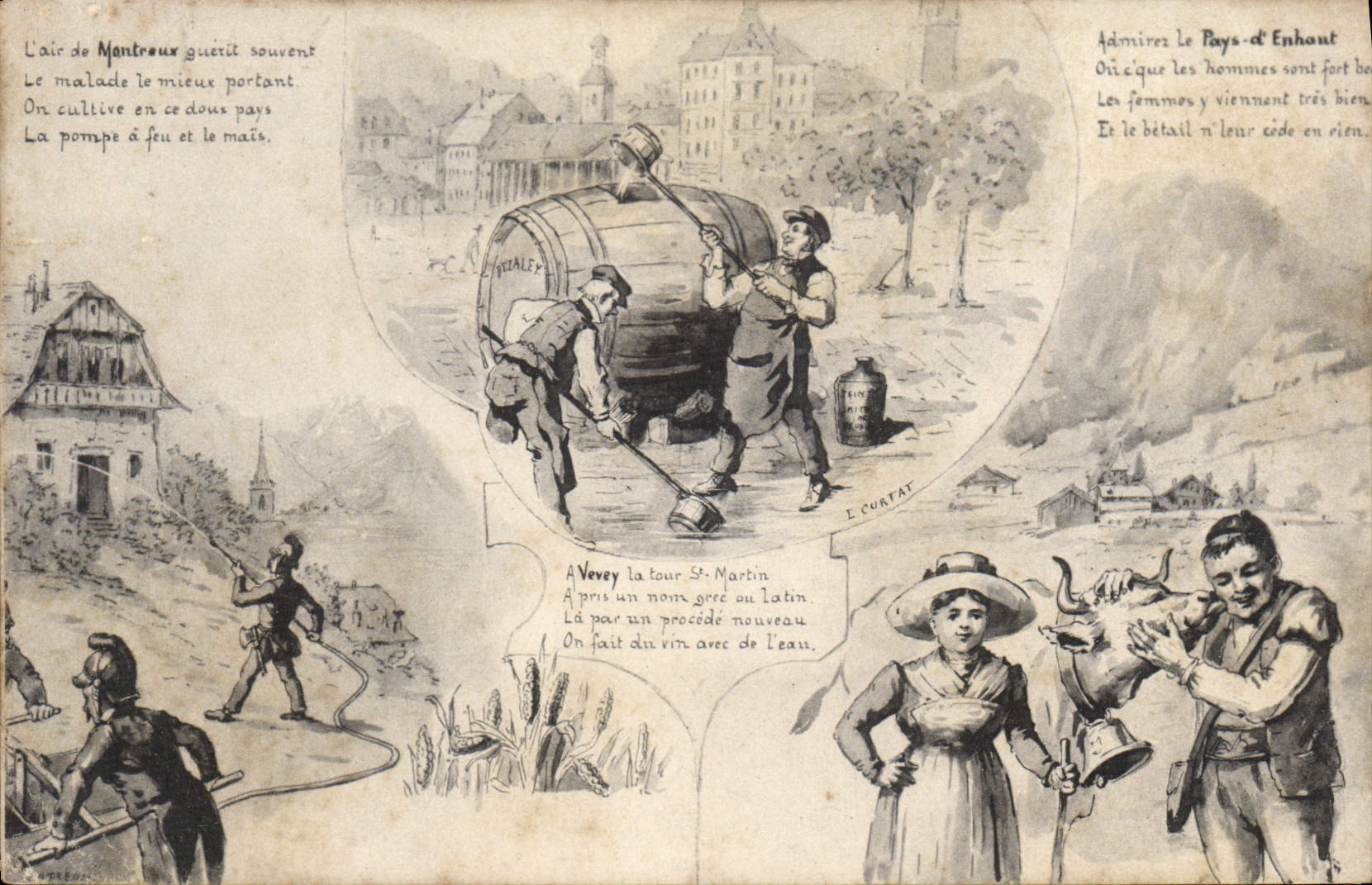 Ciudad de Neveu — Escena de vida y viñeta humorística — Burnens & Sudheimer, Lausana