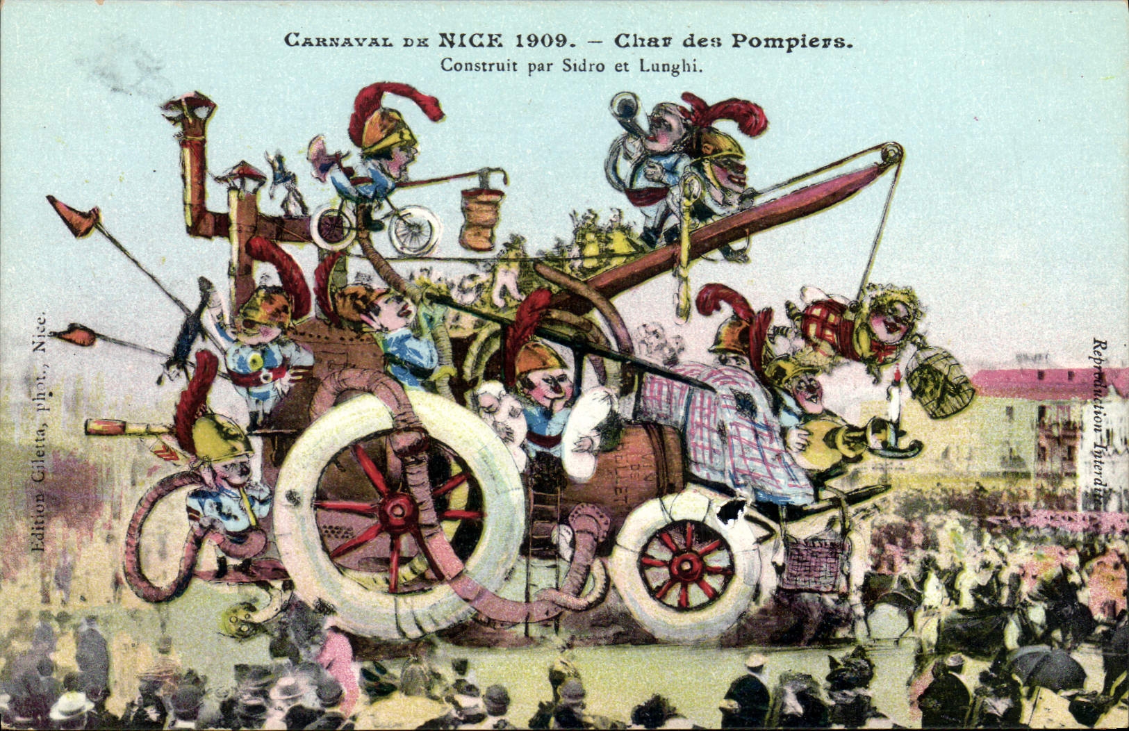 CPA Sapeurs Pompiers Carnaval de Nice 1909 Char des pompiers Sidro et Lunghi 