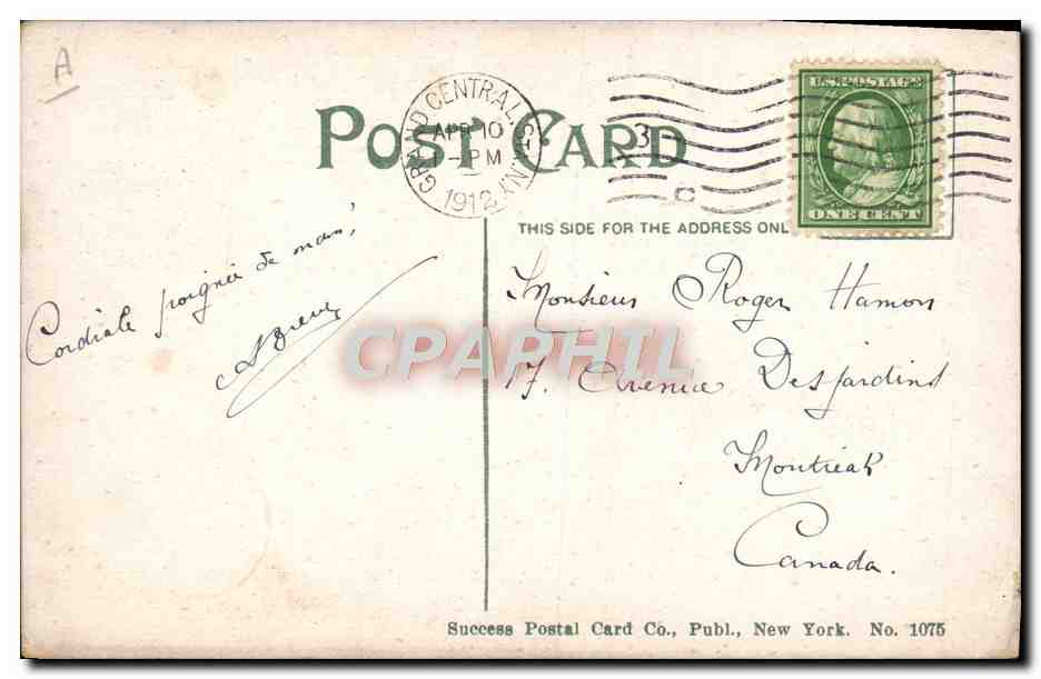 Incendie — pompiers en action — Success Postal Card Co., New York, n° 1075 — Verso