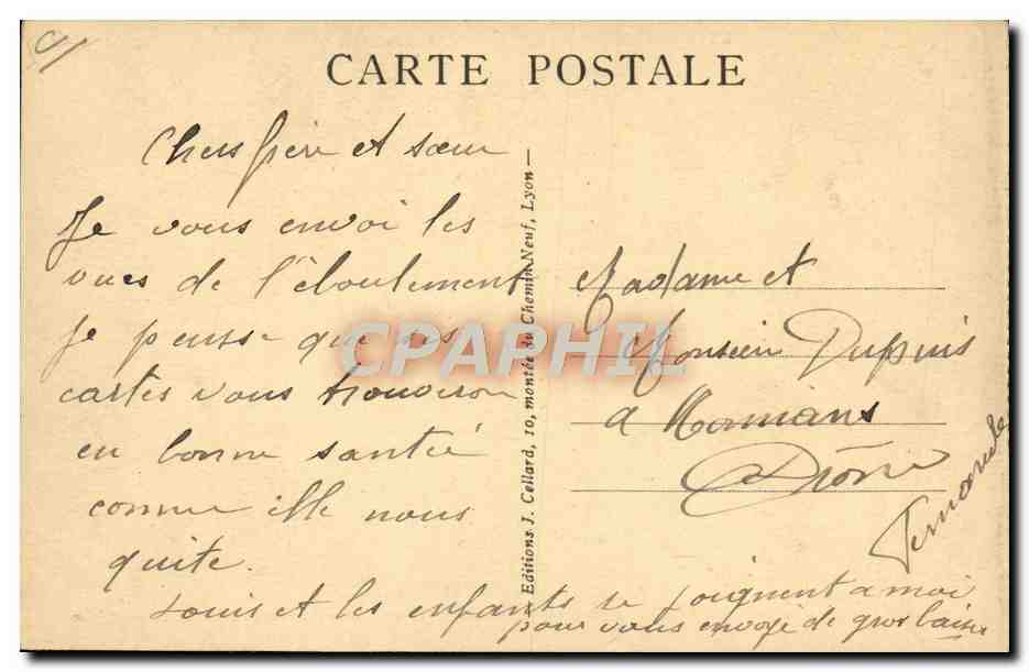 La catástrofe de Lyon-Saint-Jean — Vista general de los trabajos de rescate en la rue Tramassac — Ediciones J. Cellard, Lyon — Reverso