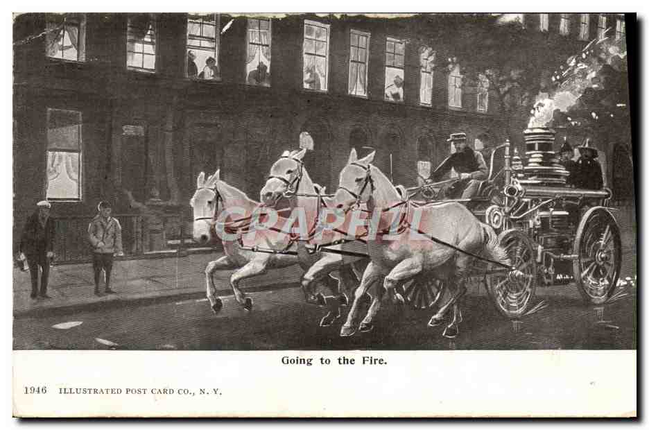 Cavalier de pompiers — Départ pour un incendie — 1946 Illustrated Post Card Co., N.Y.
