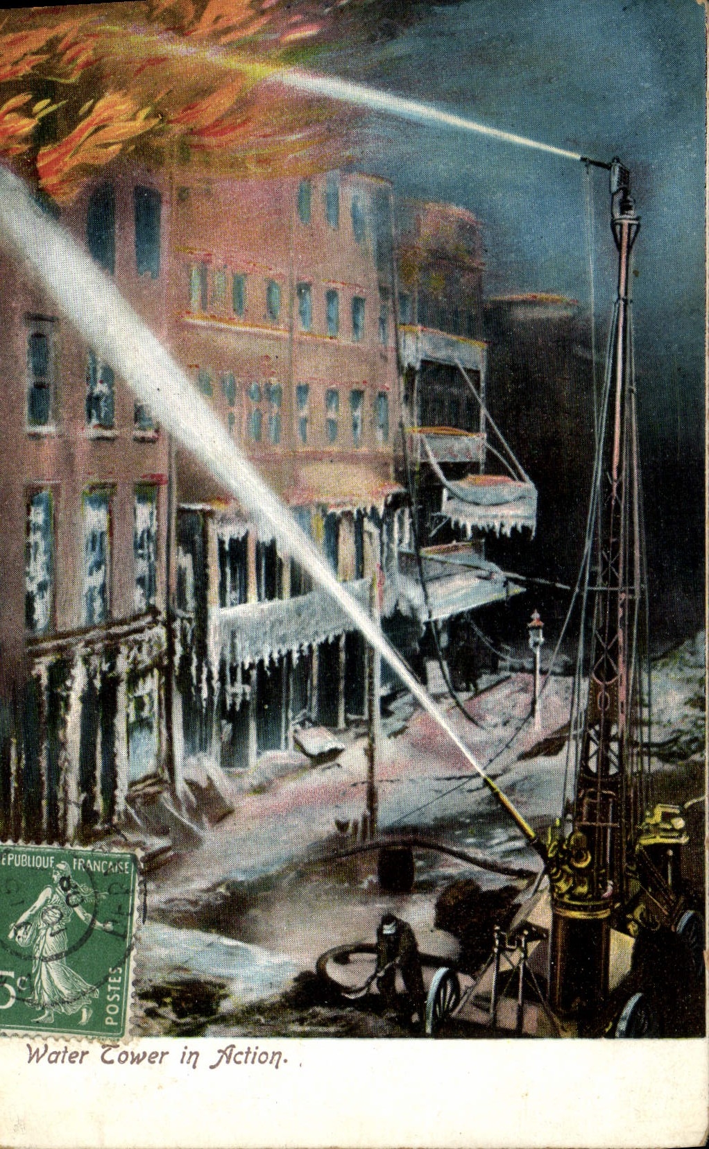 Pompe à eau en action — incendie et neige — République Française