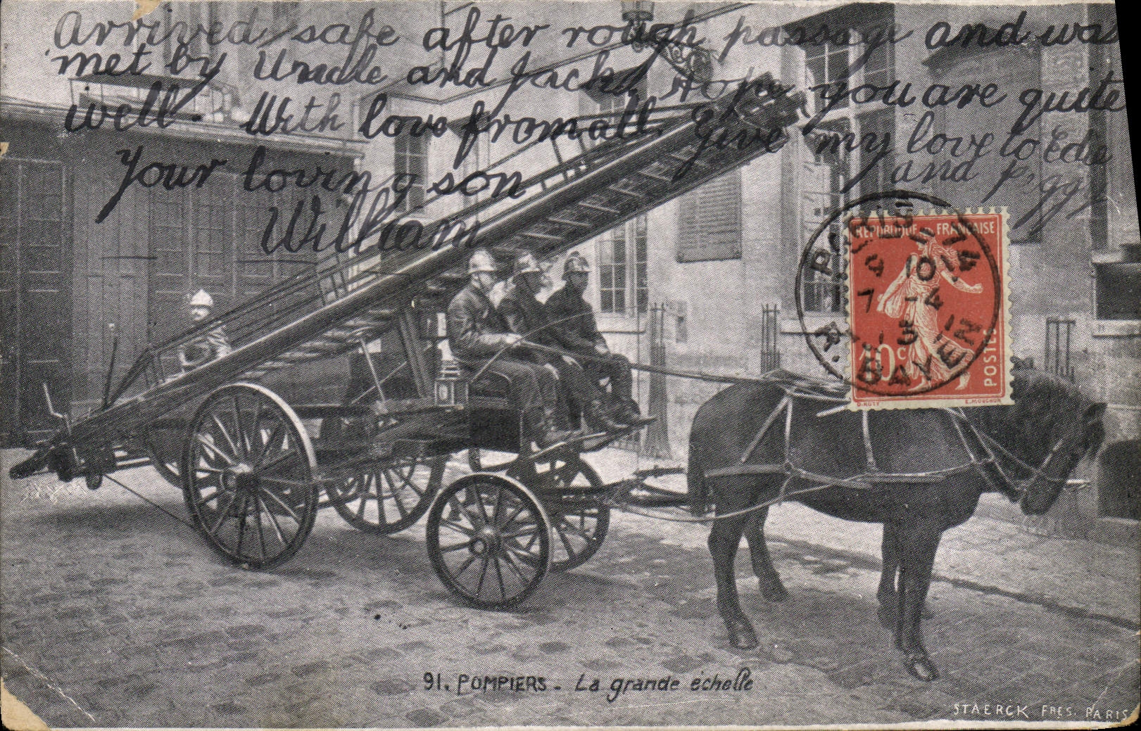 Tarjeta postal antigua Sapeurs Pompiers La grande echelle