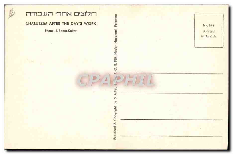 Chalutzim après le travail du jour — Palestine — Photo J. Benor-Kaliter, n° 311 — Rückseite