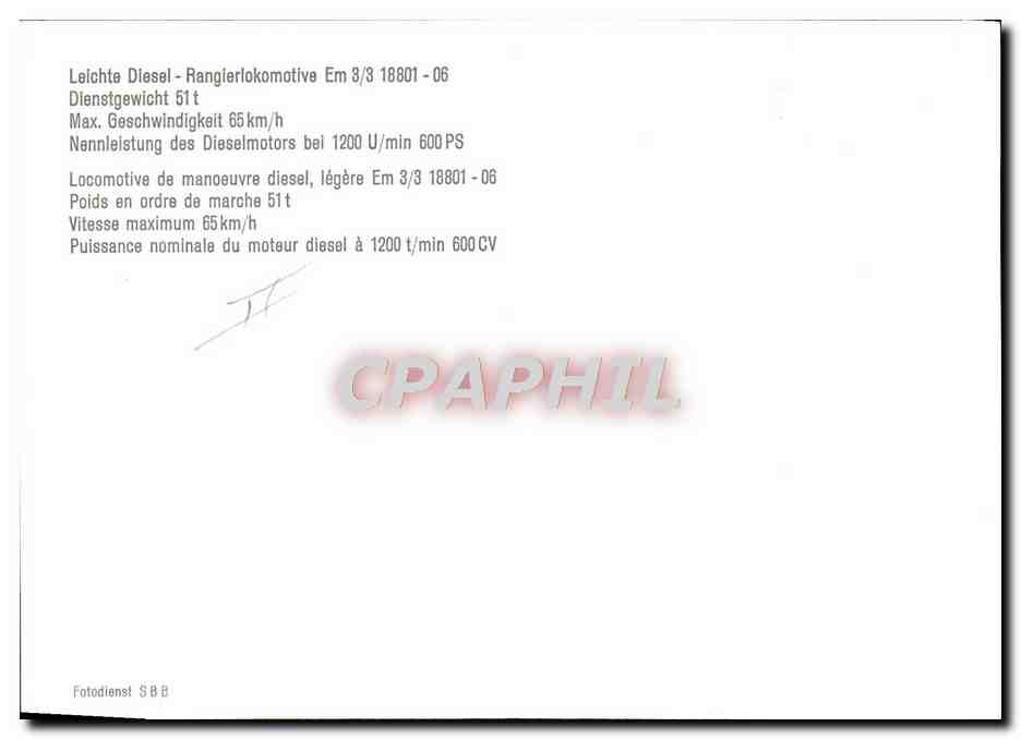 CPM Train Locomotive de manoeuvre diesel Em 3/3 18801 06 — Verso