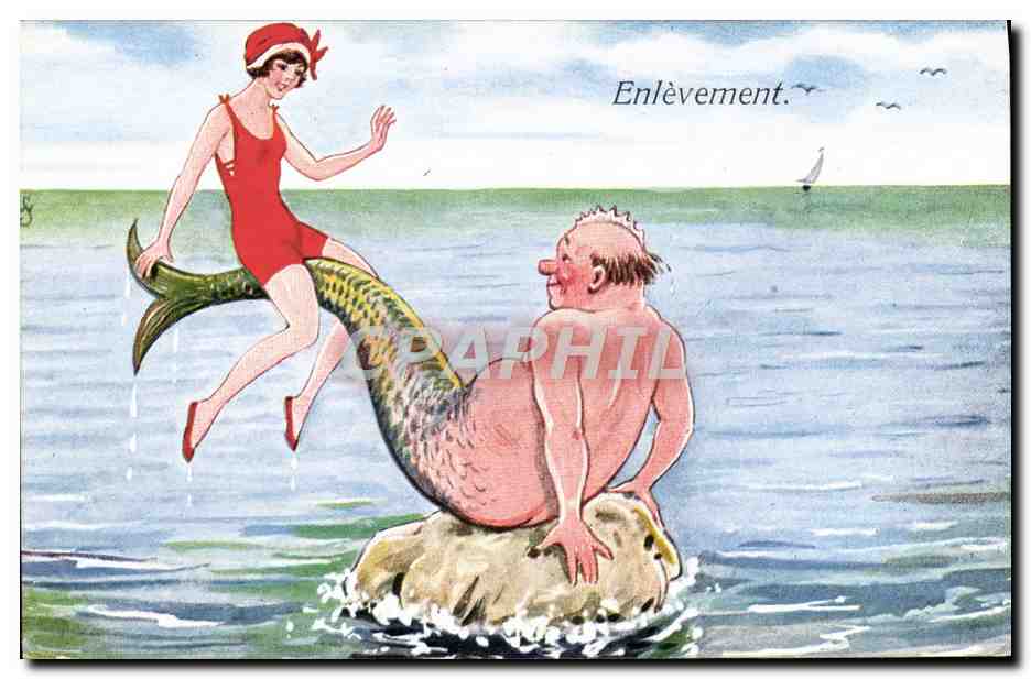 Enlèvement — scène humoristique avec sirène et homme — éditeur S+S, n° 8075 - Recto