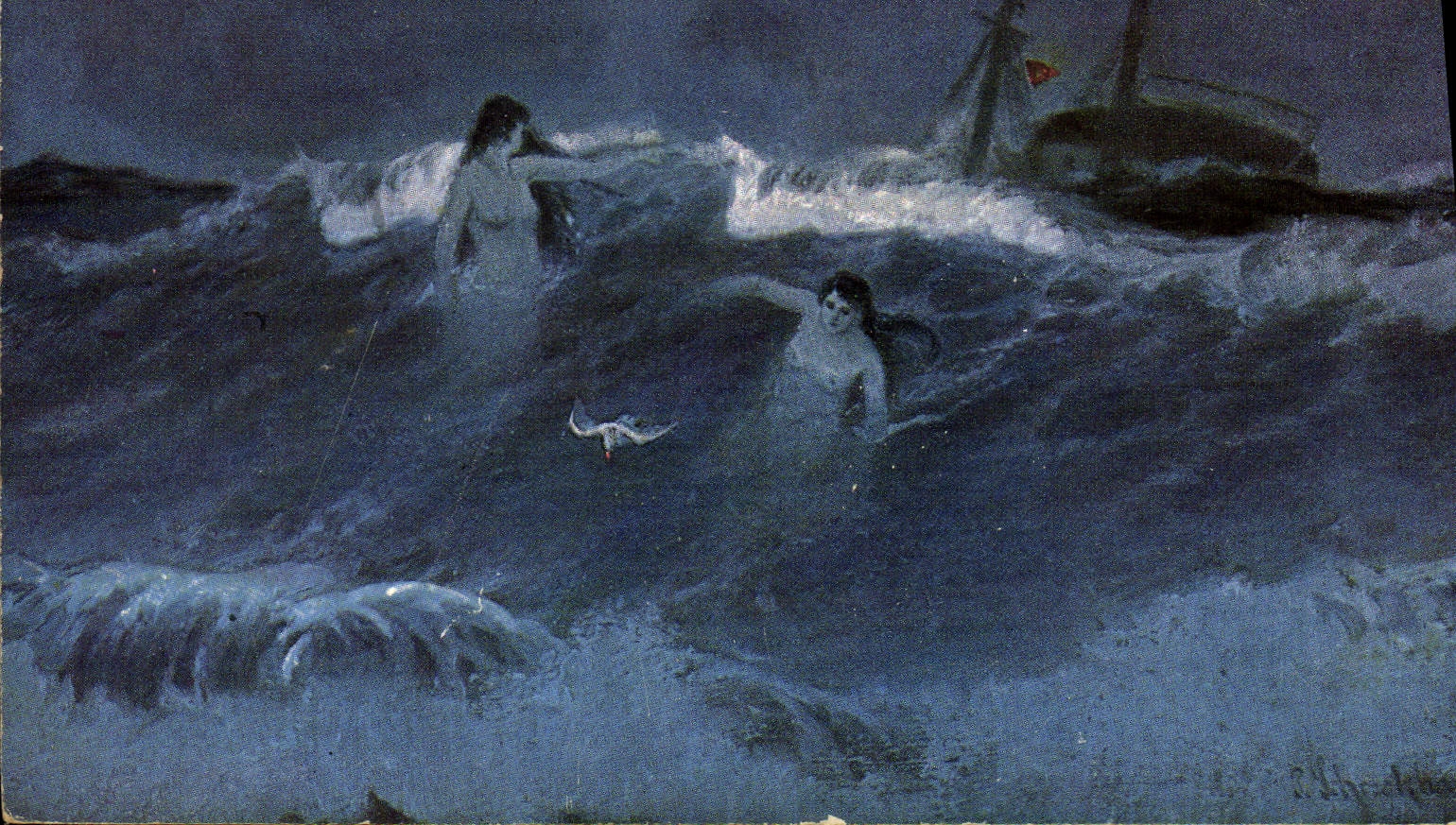Deux sirènes dans les vagues — scène maritime — éditeur R. Lyche, série 5:9 - Anverso