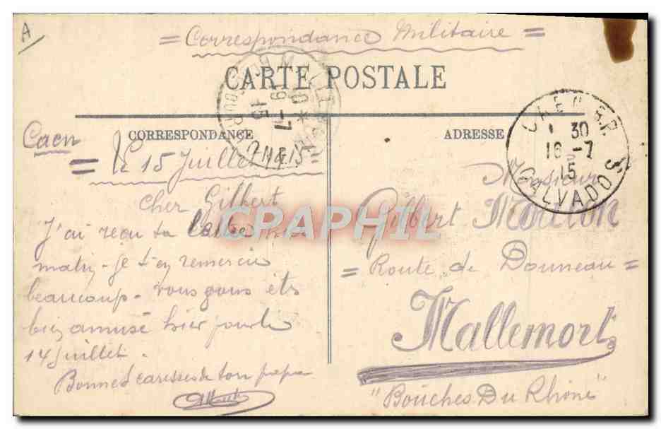 Caen — La Gendarmerie — LL. — Union des Femmes de France — Hôpital Auxiliaire Territoire N°109 — 16 juillet 1915 — Verso