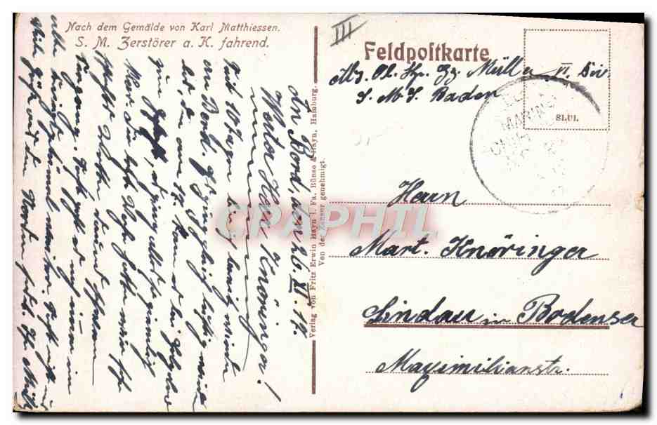 S.M. Zerstörer a. K. fahrend — Nach dem Gemälde von Karl Matthiessen — Feldpostkarte — Verso