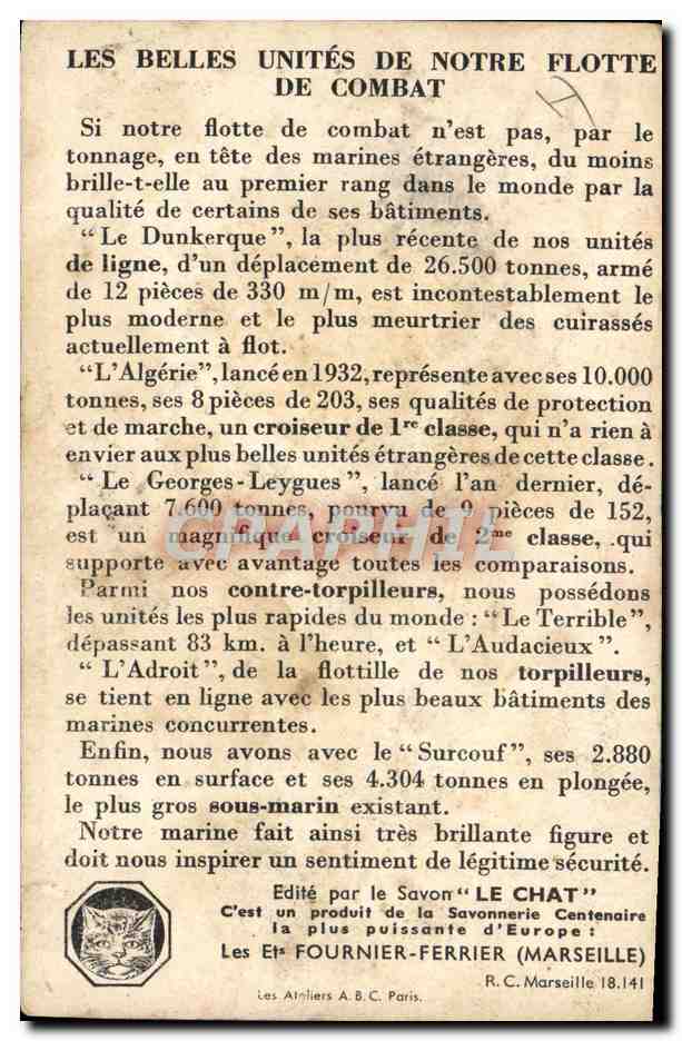 CPA Bateau Croiseur Georges Leygues Algerie Cassard Porte avions Bearn Sous marin Surcouf — Verso
