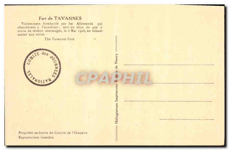 Fort de Tavannes — bombardement allemand — Comité des Journées Nationales — Verso