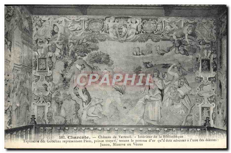 Château de Verteuil — Intérieur de la Bibliothèque — Tapisserie des Gobelins représentant Paris, prince troyen, tenant la pomme d'or qu'il doit adresser à l'une des déesses : Junon, Minerve ou Vénus