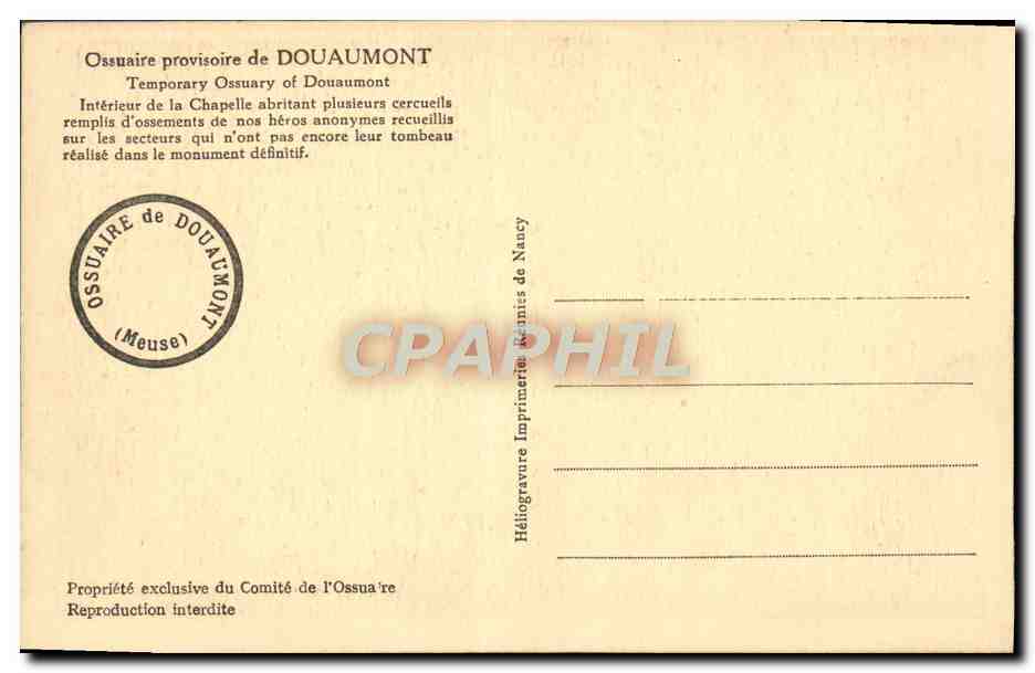 CPA Douaumont Ossuaire provisoire Interieur de la chapelle Militaria — Rückseite