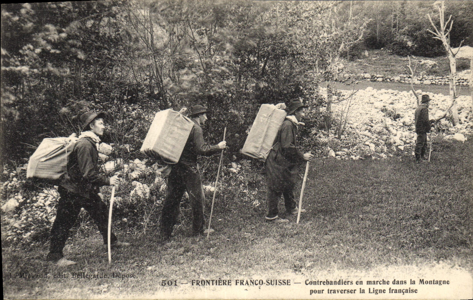 Grenze Frankreich-Schweiz — Schmuggler unterwegs in den Bergen — L. Miraland, Verlag Bellegarde Dépose, Nr. 501