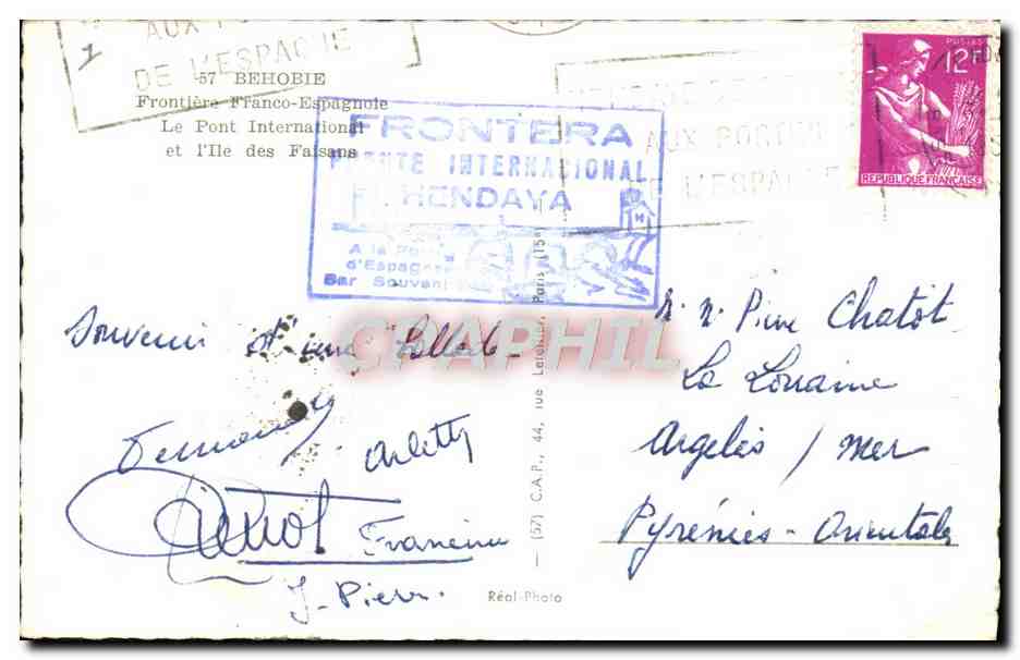 CPM Douanes Behobie Frontiere franco espagnole le pont international et l'ile des Faisans  — Rückseite
