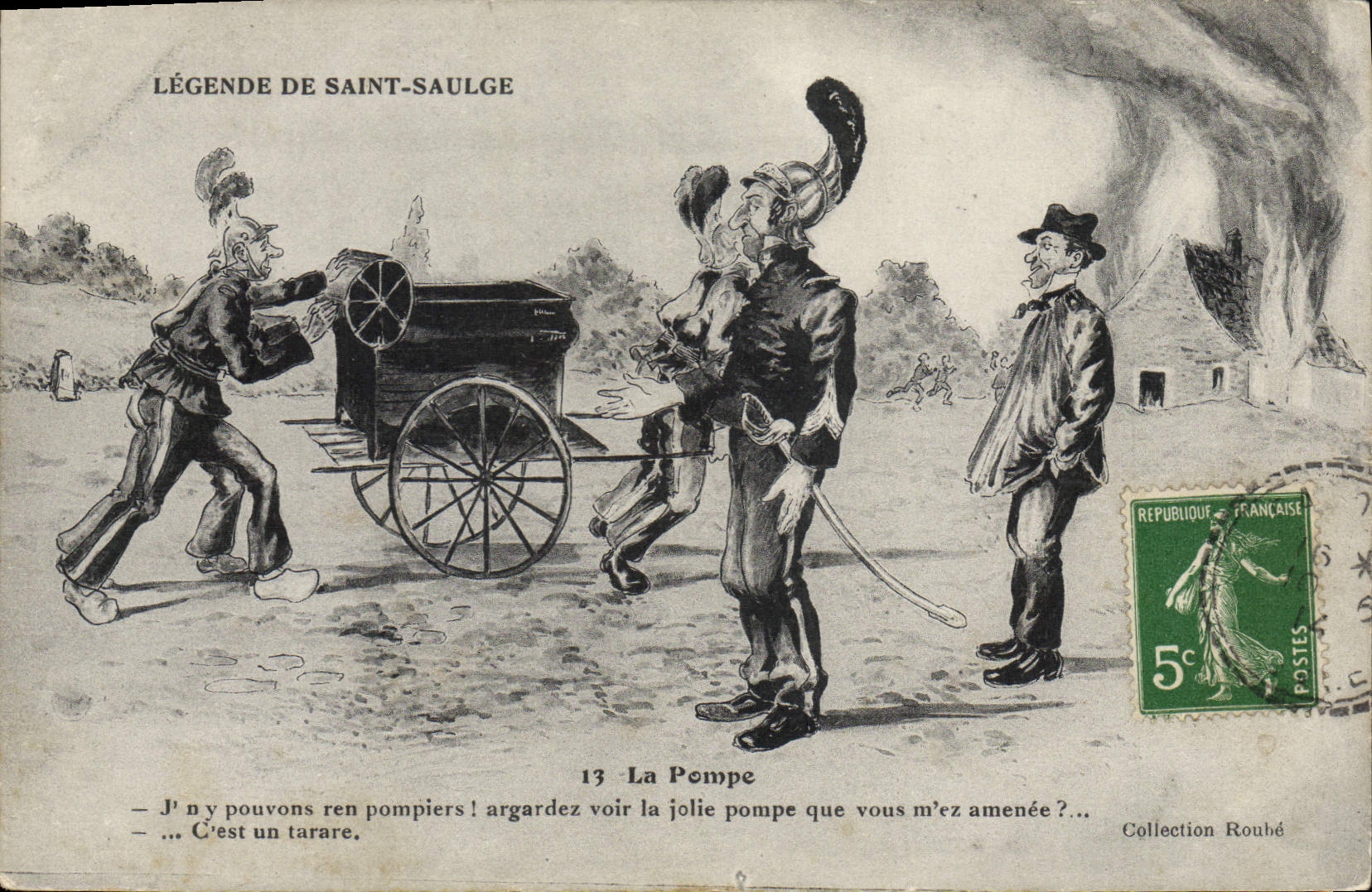 CPA Sapeurs Pompiers legende de Saint Saulge La pompe 