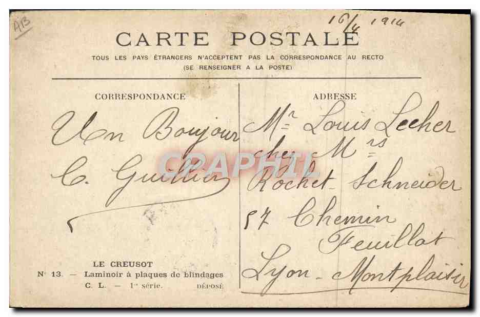 CPA Le Creusot Usines Schneider Laminoir a plaques de blindages — Rückseite