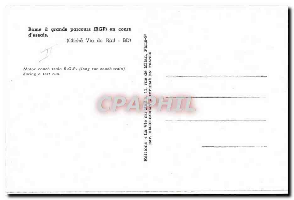 CPM Chemins de Fer Train Rame a grands pacours RGP en cours d'essais  — Rückseite