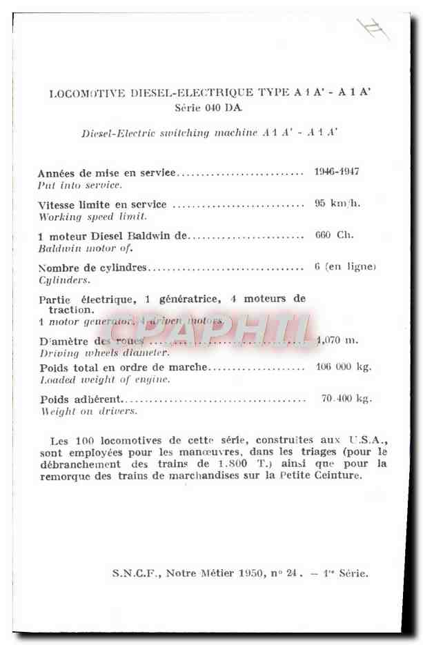 CPM Chemins de Fer Train Locomotive Diesel Electrique Type A1A — Verso
