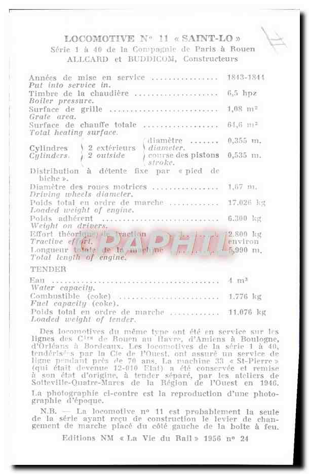 CPM Chemins de Fer Train Locomotive 11 Saint Lo Allcard et Buddicom Paris a Rouen — Verso