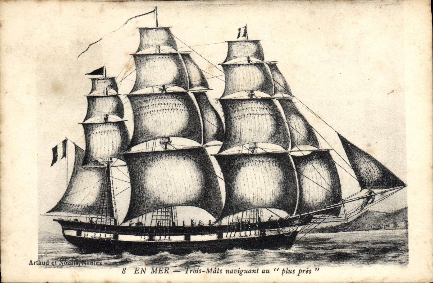 Navire à trois mâts — En mer — naviguant au "plus près" — Artaud et Nozais, Nantes, n°8