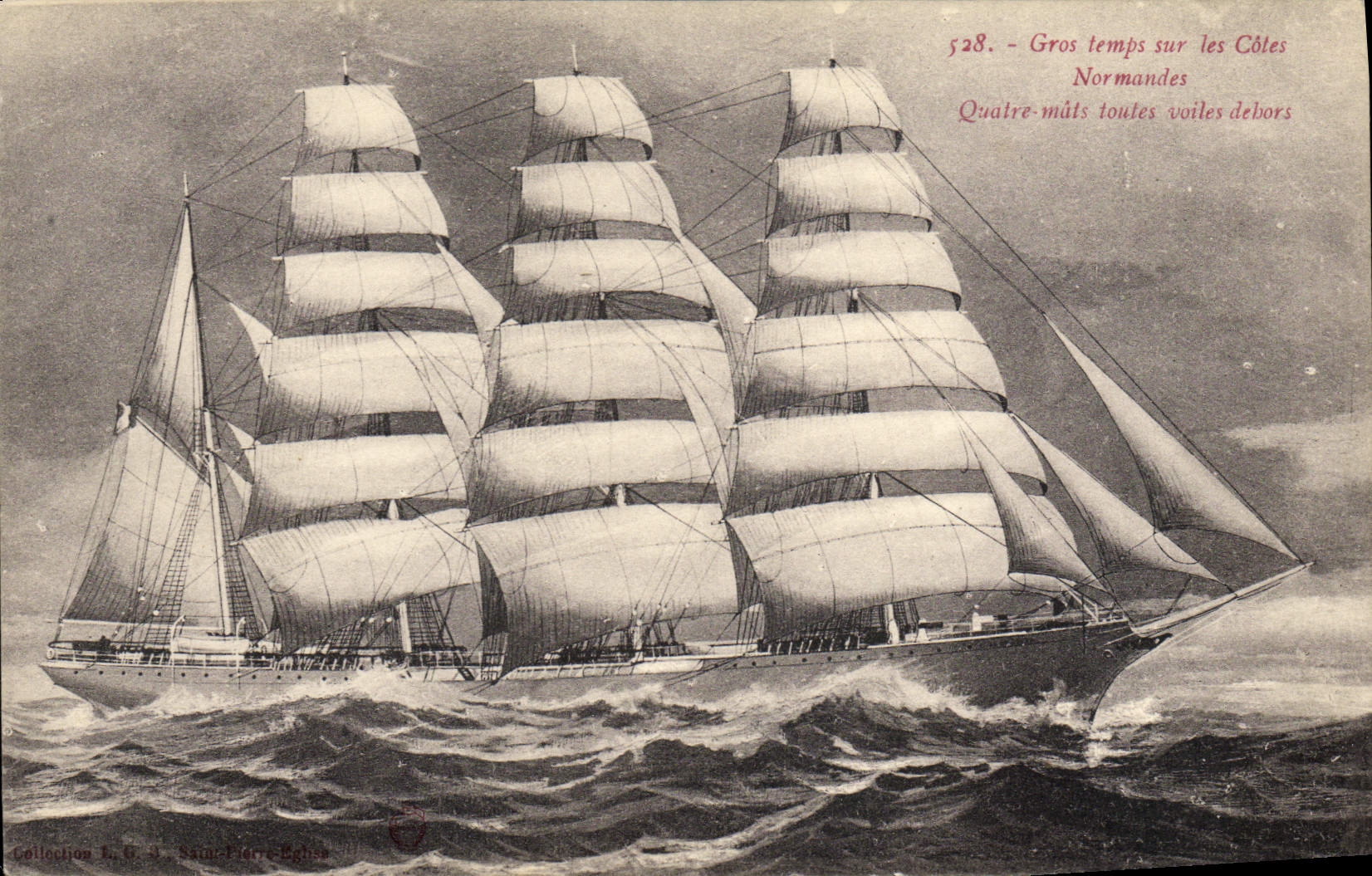 Gros temps sur les Côtes Normandes — Quatre-mâts toutes voiles déployées — Collection L. & J. Saint-Pierre-Eghez