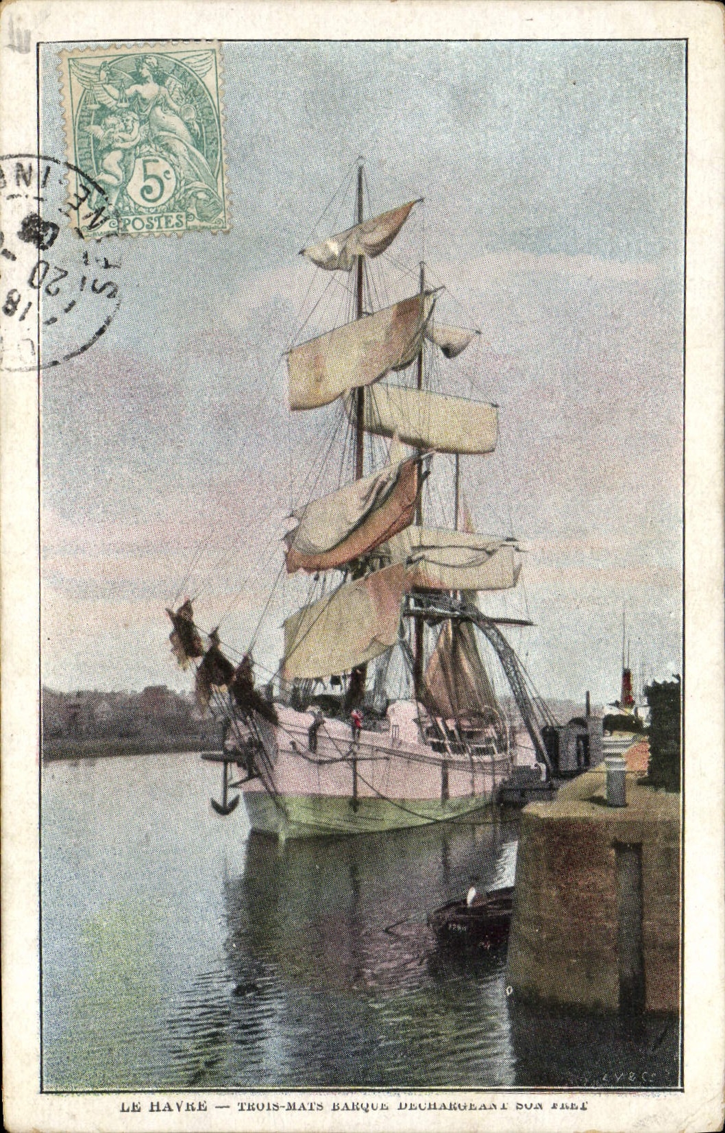 CPA Bateau Voilier Le Havre Trois mats barque dechargeant son fret 