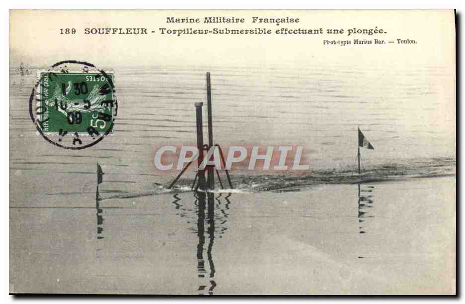 Souffleur - Torpilleur-Submersible effectuant une plongée — Prototype Marius Bar — Toulon.