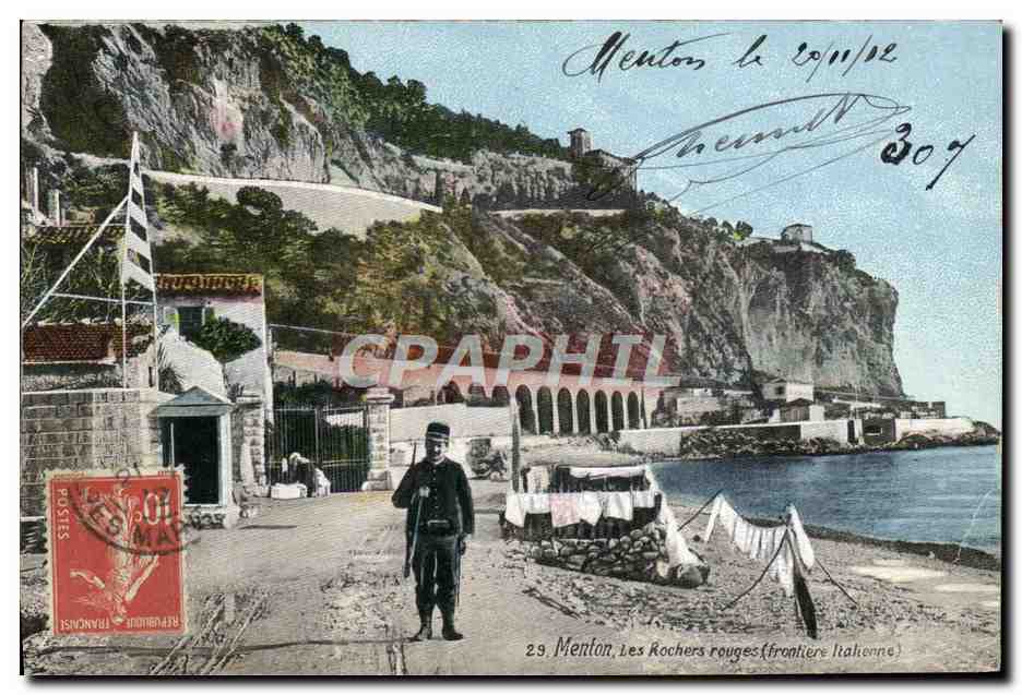CPA Douane Douanes Menton Les Rochers rouge Frontiere italienne 