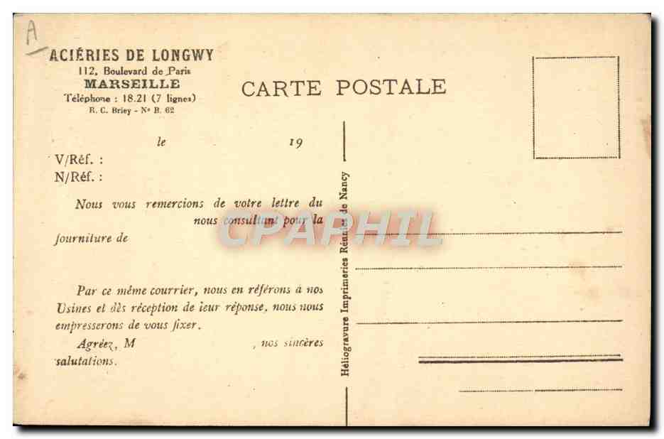 CPA Industrie Usine Acieries de Longwy Ateliers de mecanique et d'usinage  — Rückseite
