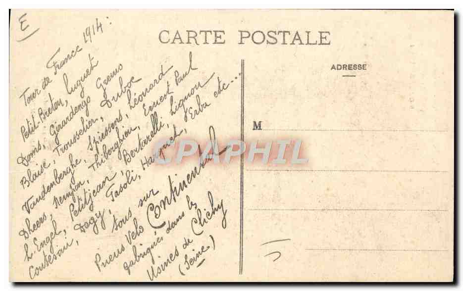 Petit-Breton — cycliste du Tour de France 1914 — Édité par le « Pneu Continental » — Reverso