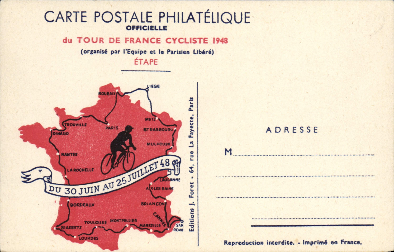 Tour de France Cycliste 1948 — Étape — Éditions J. Foret, Paris