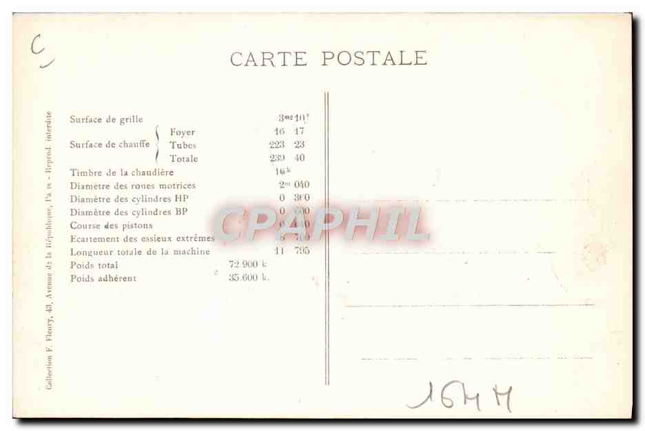 CPA Train Locomotive Machine 3014 Compound a vapeur saturee — Verso